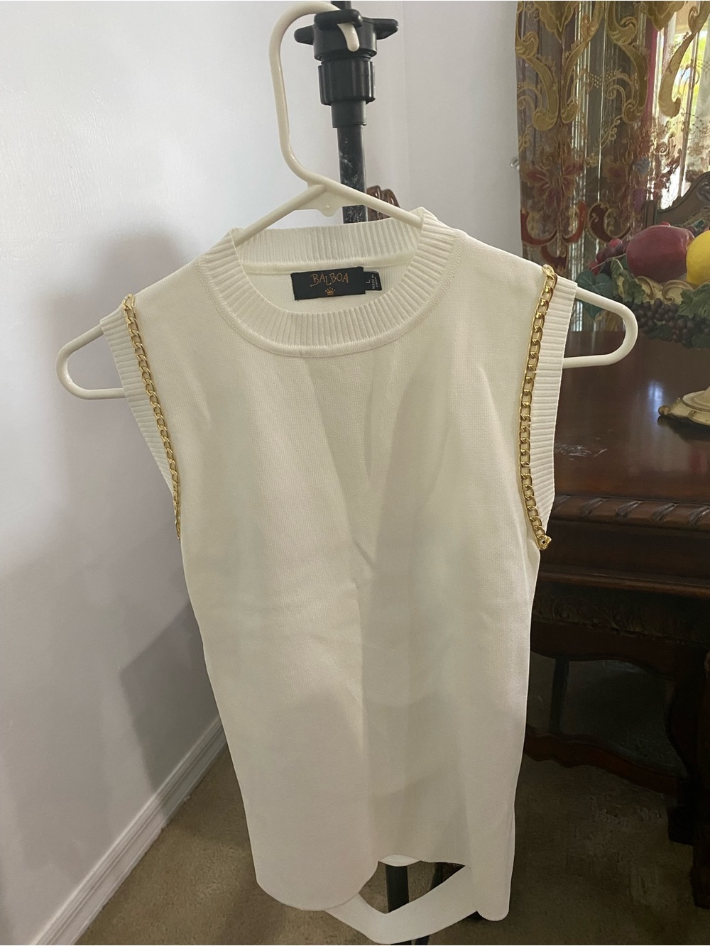 Balboa White Sleeveless Tank with Gold Chain Trim